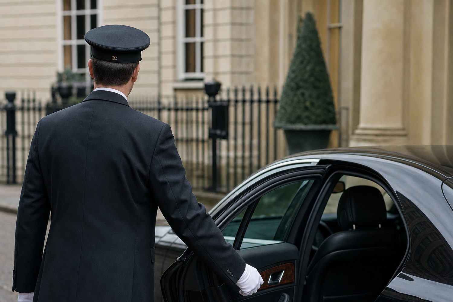 A chauffeur in uniform opening the rear door of the car