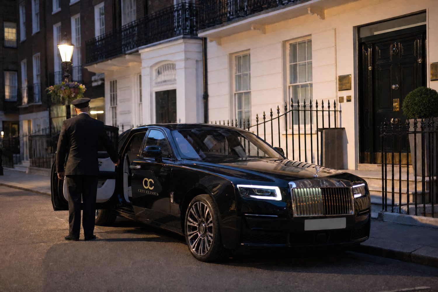 The rear cabin of a chauffeured car