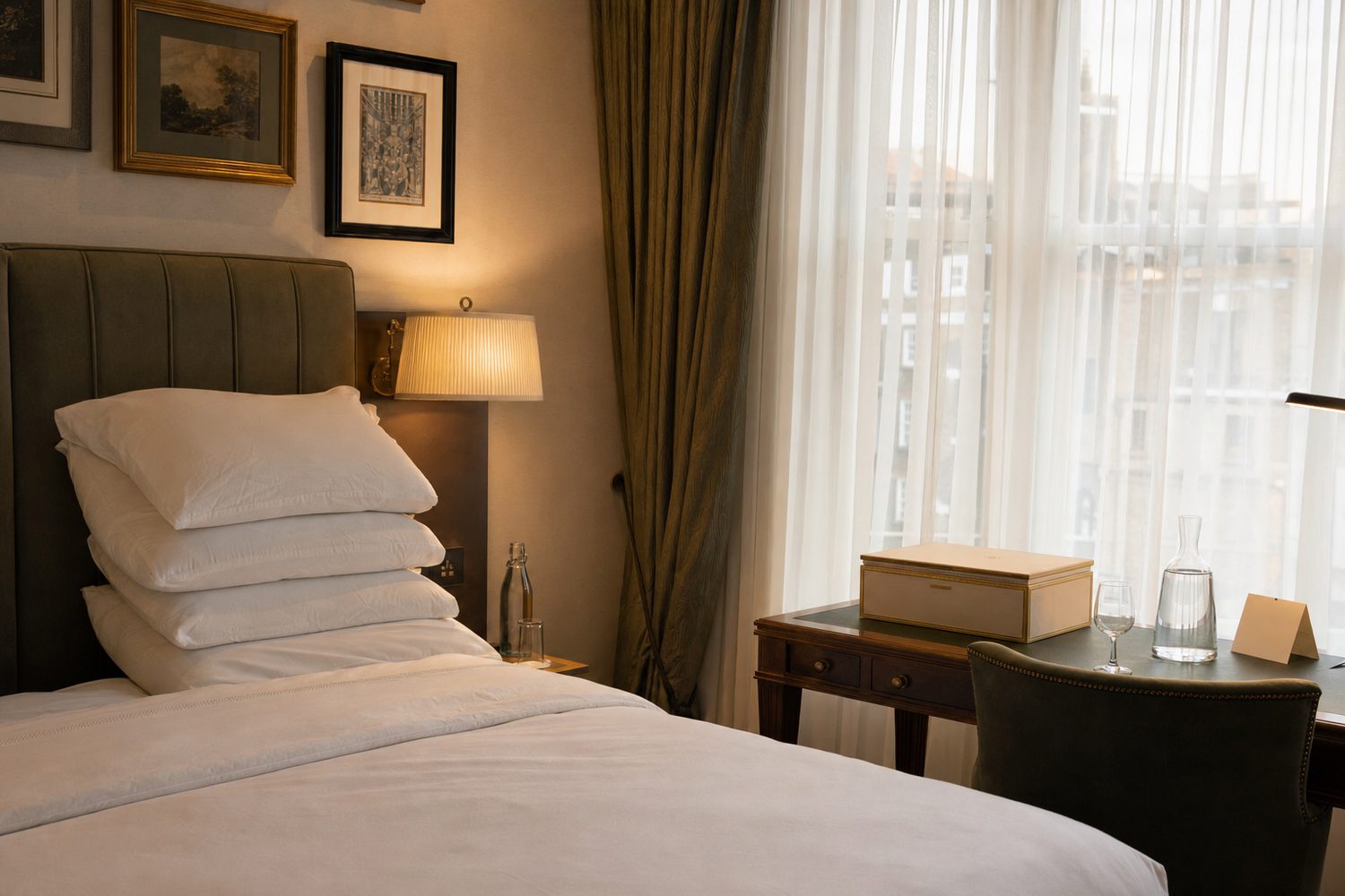 A hotel suite prepared for post-surgery recovery — propped pillows, water, the aftercare kit on the desk